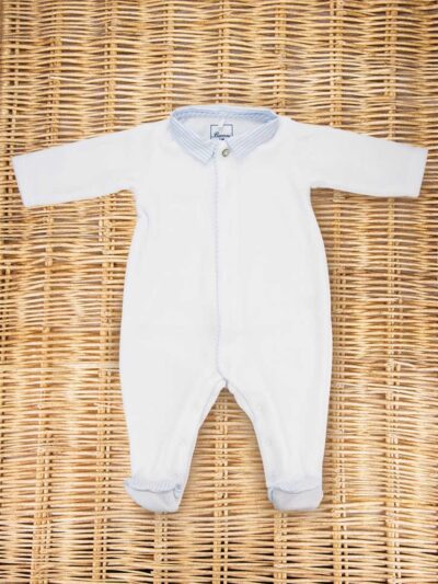 Tutina in ciniglia bianca con colletto e ricamo a righe celeste e bianco Baroni