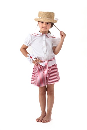 Completo bermuda a righe bianco e rosso e camicia con collo fettuccia rossa Il Faro Bimbi