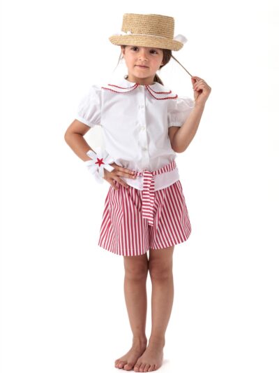Completo bermuda a righe bianco e rosso e camicia con collo fettuccia rossa Il Faro Bimbi