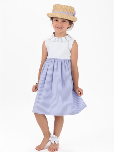 Abito smanicato a righe glicine e viola con colletto dipinto a mano Il Faro Bimbi