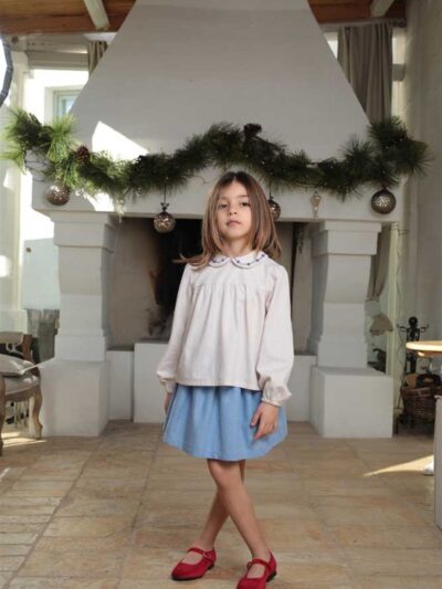 Camicia panna con colletto fiori ricamati azzurri  e rossi Il Faro Bimbi