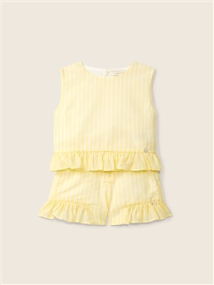 Completo bermuda e maglia smanicata con rouches a righe giallo e bianco Wedoble