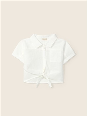 Camicia bianca crop con taschino in lino con nodo Wedoble