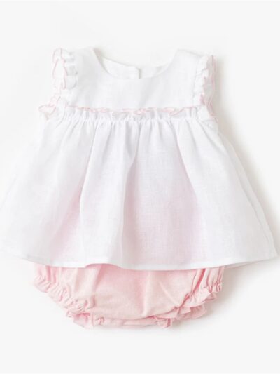 Completo in lino culotte rosa e blusa bianca con profili alette rosa Crochette