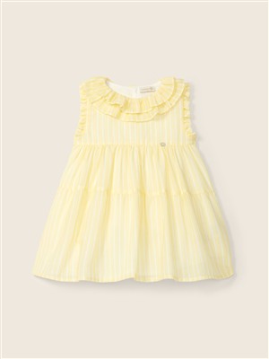 Abito smanicato con alette rouches e balze a righe giallo e bianco Wedoble