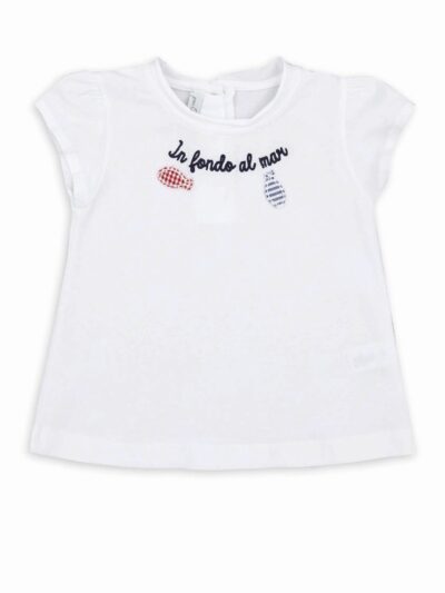 Completo t-shirt In fond al Mar bianca con pesciolino cuciti rossi e blu e bermuda rouches vichy rosso e bianco Per te