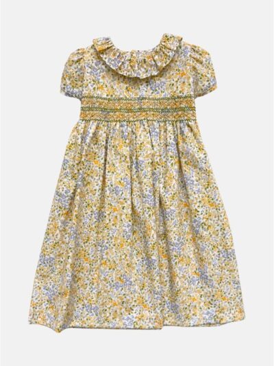 Abito liberty fiori gialli e glicine con cintura in lino ricamata giallo senape Mariella Ferrari
