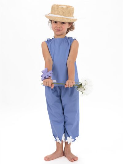 Completo casacca viola indaco e pantalone con fiori applicati bianchi Il Faro Bimbi