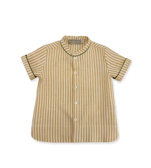 Completo in lino camicia a righe giallo e bianche con profili e bermuda verde La Stupenderia