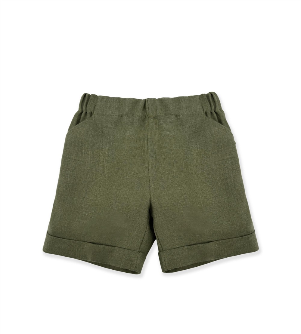 Completo in lino camicia a righe giallo e bianche con profili e bermuda verde La Stupenderia - immagine 2
