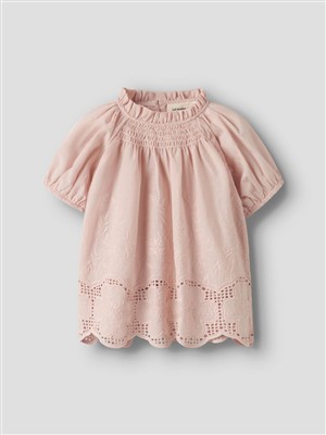 Maglietta a manica corta in cotone rosa con dettagli traforati Lil Atelier