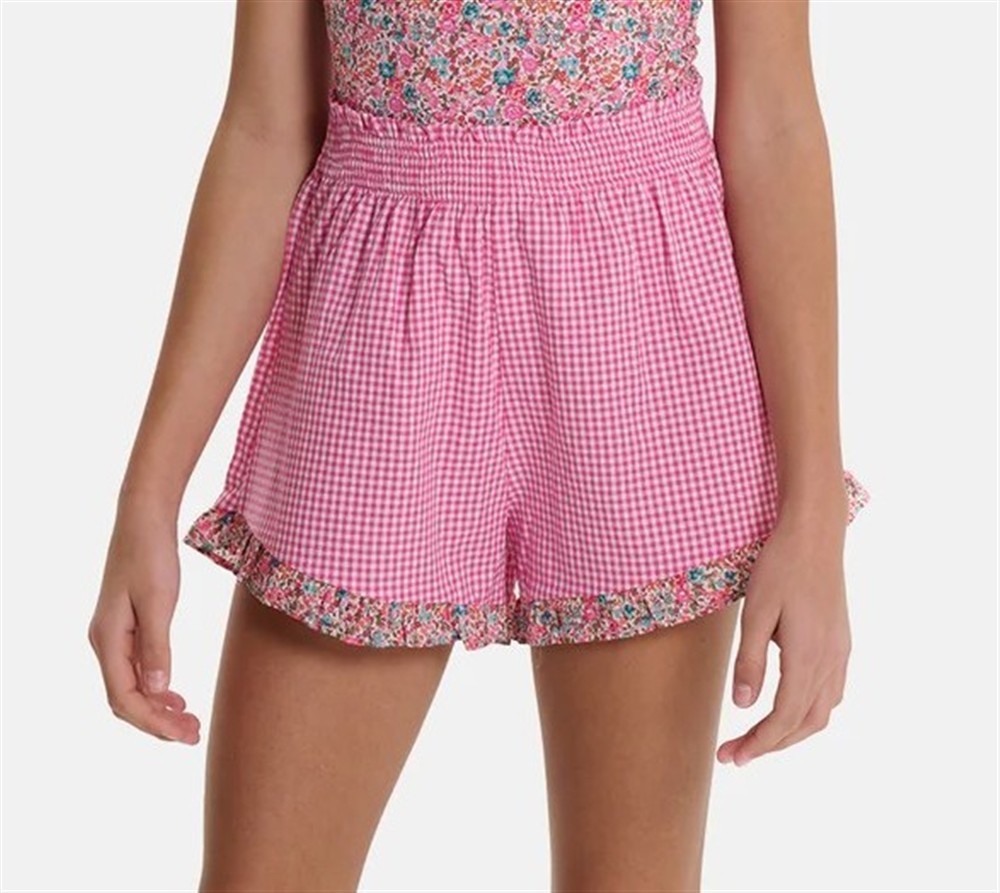 Completo camicia e Shorts in cotone vichy fucsia e bianco con rouches liberty fiori fucsia e celesti Pesciolino Rosso - immagine 3