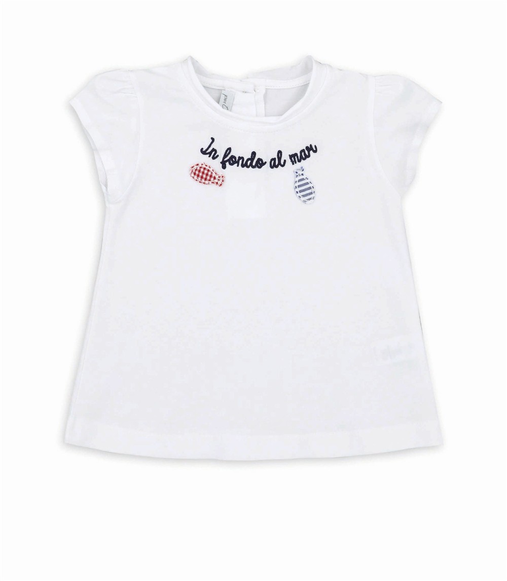 Completo t-shirt In fond al Mar bianca con pesciolino cuciti rossi e blu e bermuda rouches vichy rosso e bianco Per te