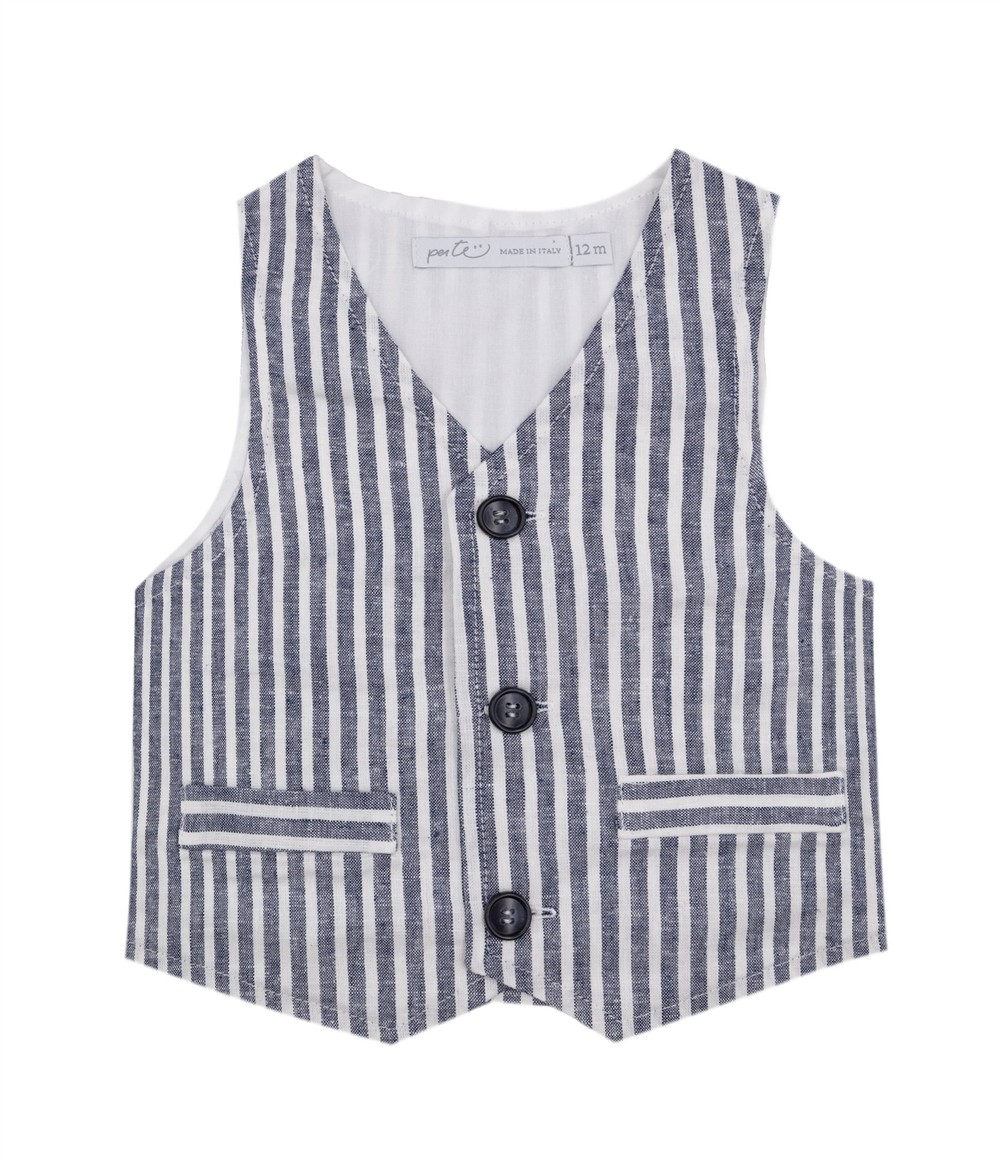 Completo in cotone misto lino bermuda denim e gilet a righe denim e bianco Per te