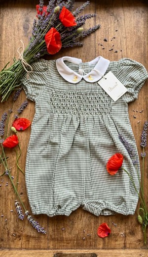 Pagliaccetto punto smock vichy verde con colletto ricamo paparelle Bisou