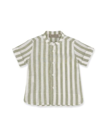Completo in lino bermuda verde e camicia coreana a righe panna e verdi La Stupenderia