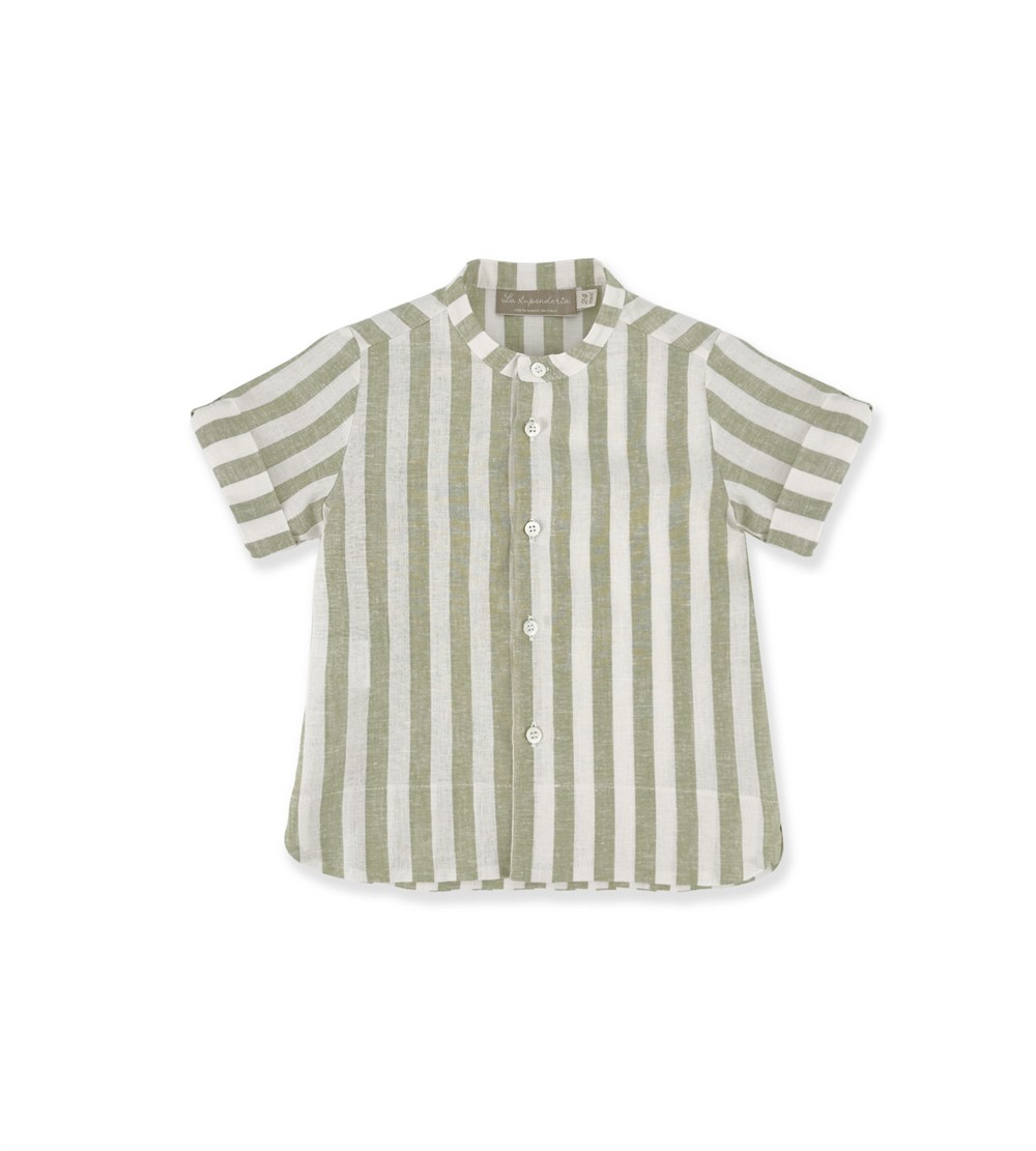 Completo in lino bermuda verde e camicia coreana a righe panna e verdi La Stupenderia
