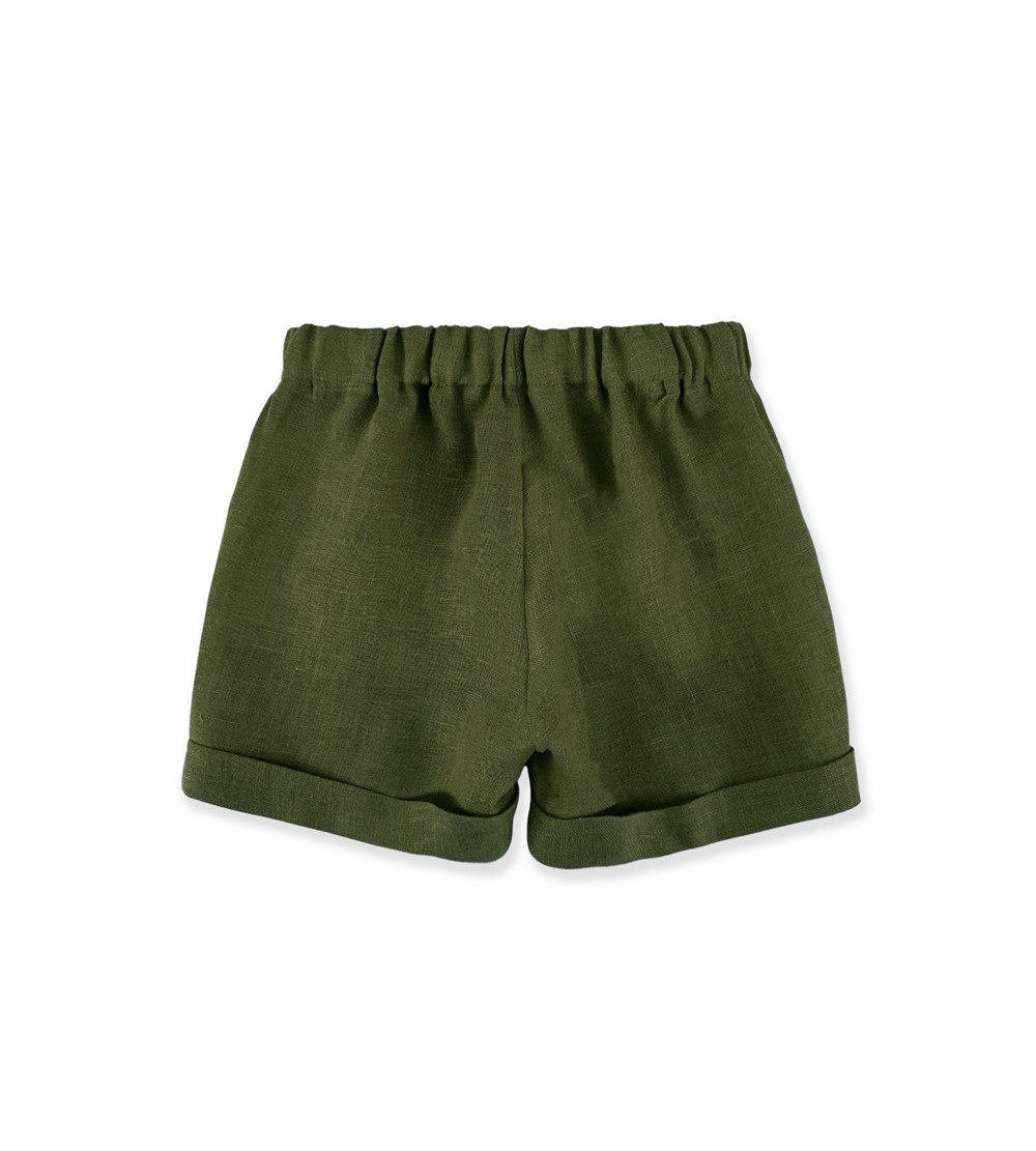 Completo in lino bermuda verde e camicia coreana a righe panna e verdi La Stupenderia - immagine 3
