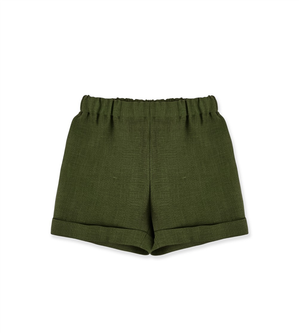 Completo in lino bermuda verde e camicia coreana a righe panna e verdi La Stupenderia - immagine 2