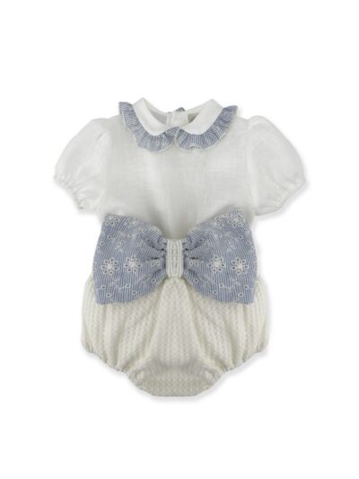 Completo coulotte e body in lino con profilo colletto e fiocco pizzo san gallo azzurro La Stupenderia