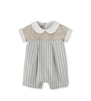 Pagliaccetto in cotone misto lino con pettorina tortora e colletto tondo a righe beige e celeste La Stupenderia