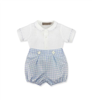 Completo body in lino panna con culotte vichy celeste e bianco La Stupenderia