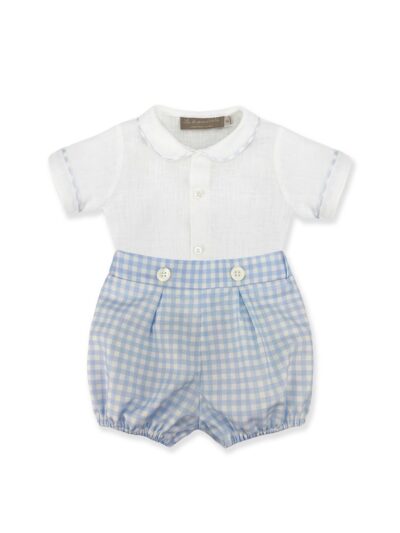 Completo body in lino panna con culotte vichy celeste e bianco La Stupenderia