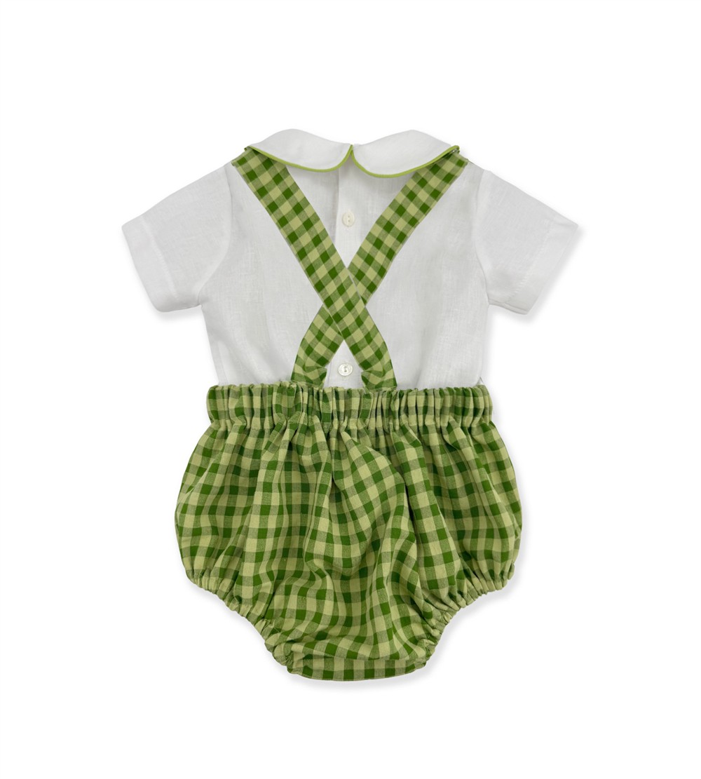 Salopette bretelle vichy verde chiaro e scuro con body in lino bianco con profilo verde La Stupenderia - immagine 2