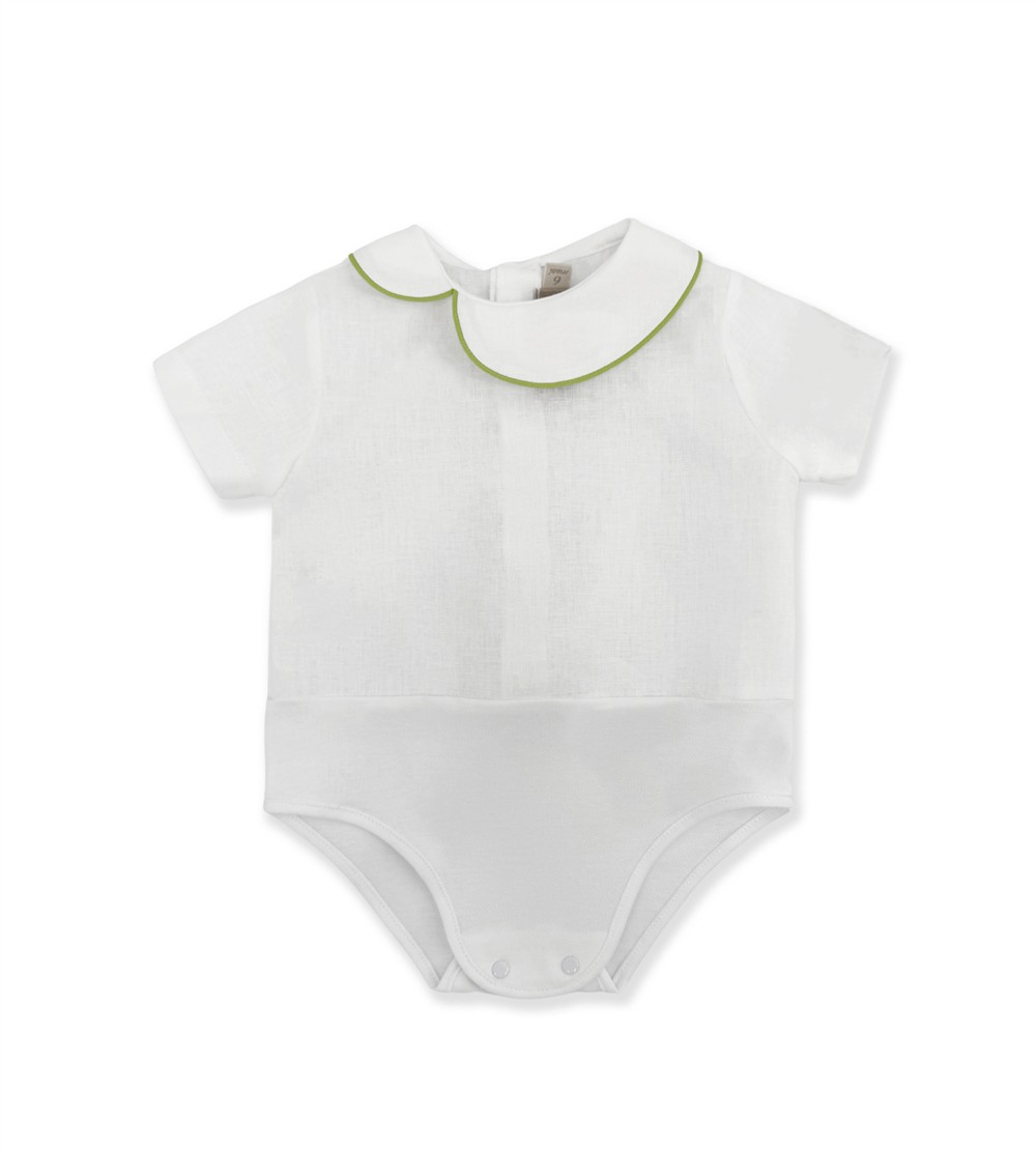 Salopette bretelle vichy verde chiaro e scuro con body in lino bianco con profilo verde La Stupenderia - immagine 4