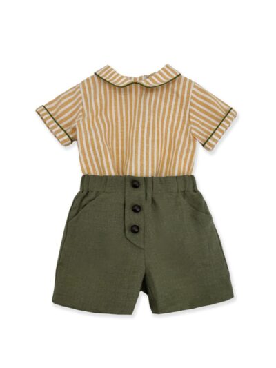 Completo in lino body camicia a righe giallo e panna con profilo colletto verde e bermuda verde La Stupenderia