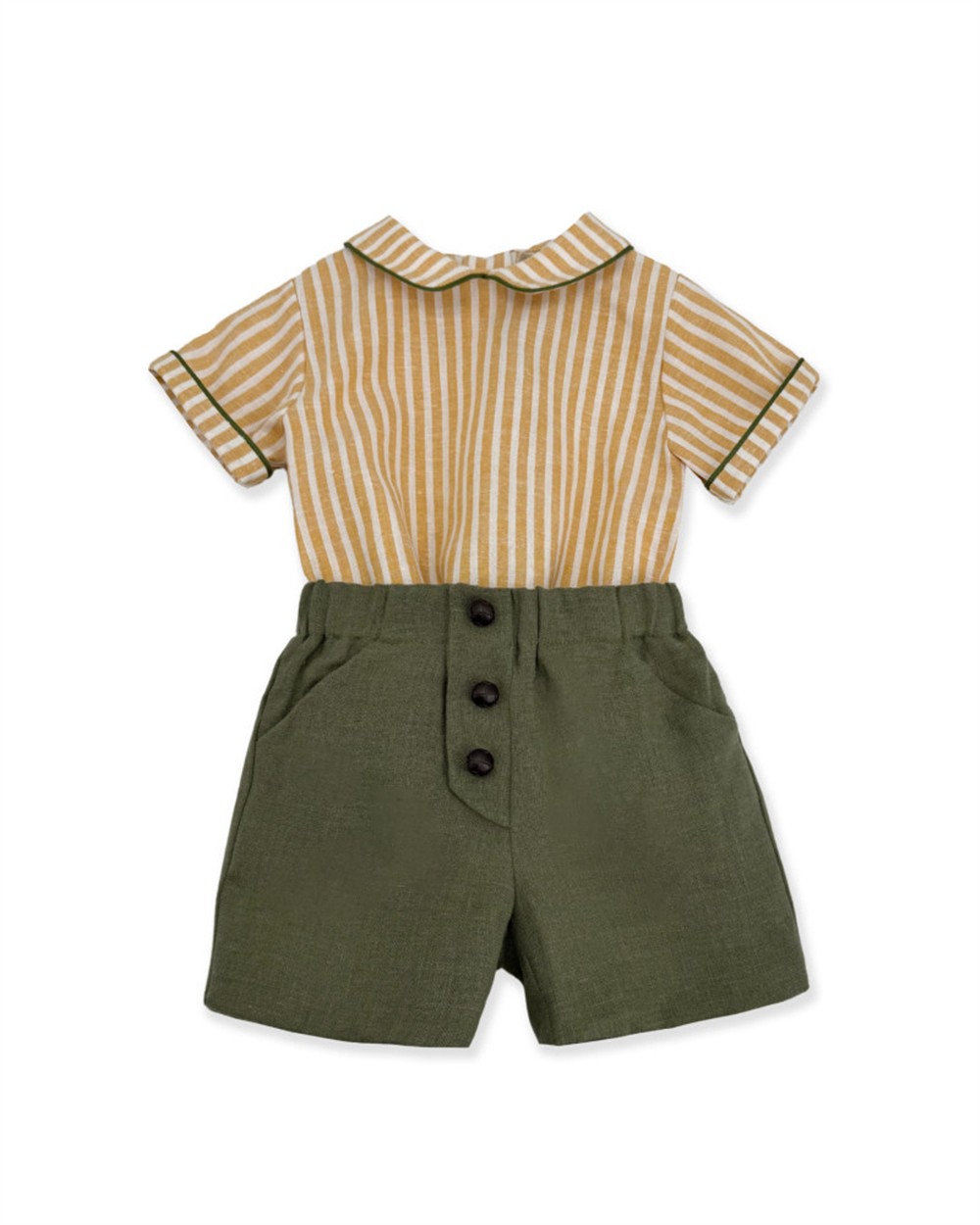 Completo in lino body camicia a righe giallo e panna con profilo colletto verde e bermuda verde La Stupenderia