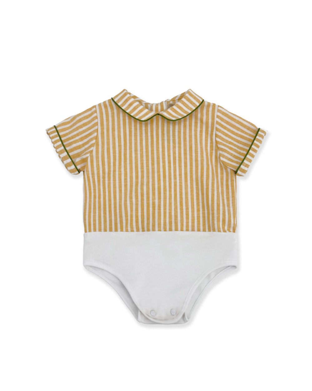 Completo in lino body camicia a righe giallo e panna con profilo colletto verde e bermuda verde La Stupenderia - immagine 3
