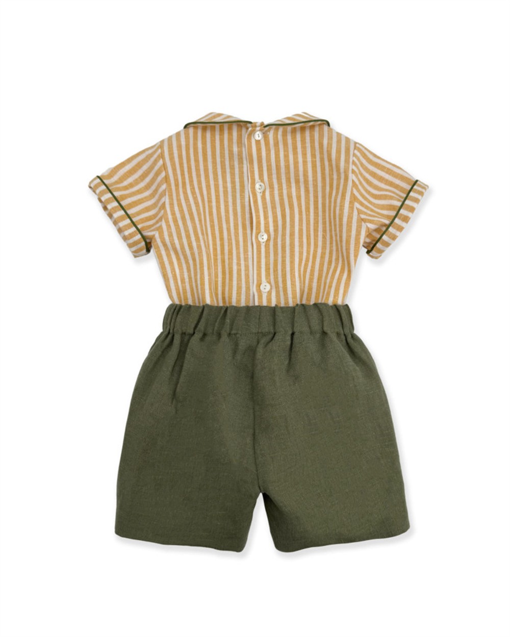 Completo in lino body camicia a righe giallo e panna con profilo colletto verde e bermuda verde La Stupenderia - immagine 5