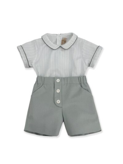 Completo body camicia a righe grigio e celeste con bermuda grigio asilo La Stupenderia