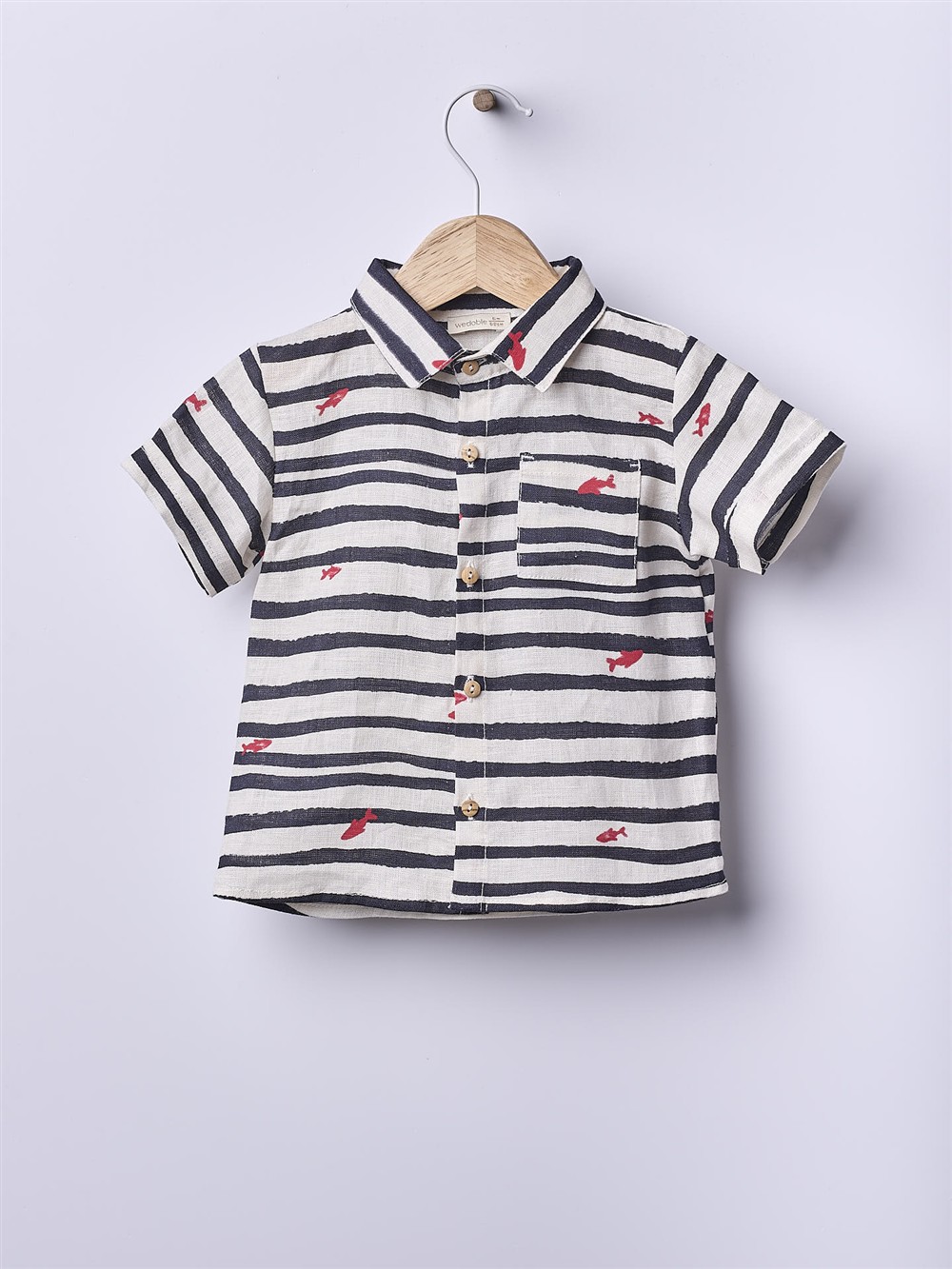 Completo in cotone grezzo a righe panna e nero con pesciolino rossi Wedoble - immagine 2