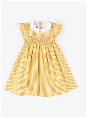 Abito con alette e punto smock in cotone vichy giallo Crochette