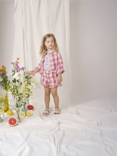 Cardigan in cotone goffrato a quadri rosa e bianco Latitta