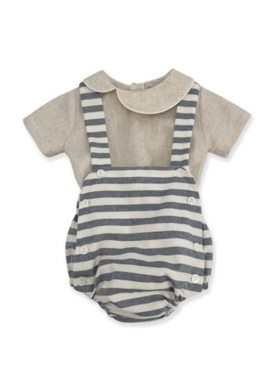 Salopette con bretelle a righe blu e panna e body camicia in lino beige La Stupenderia