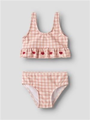 Costume due pezzi in lycra vichy bianco e rosa con cuori rossi Lil Atelier