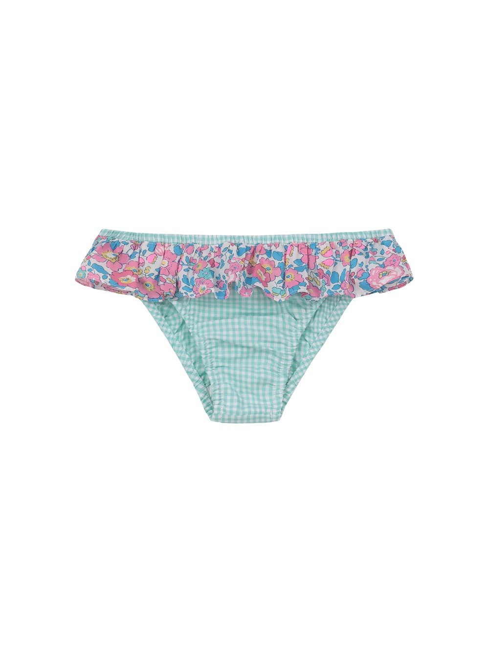Costume mutanda vichy verde acqua e bianco con balze liberty fiori fucsia Pesciolino Rosso