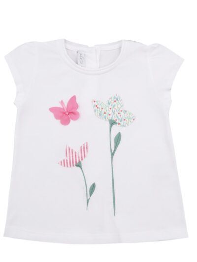 Completo bermuda verde menta e tshirt fiori e farfalla ricamata verde e fragola Per te