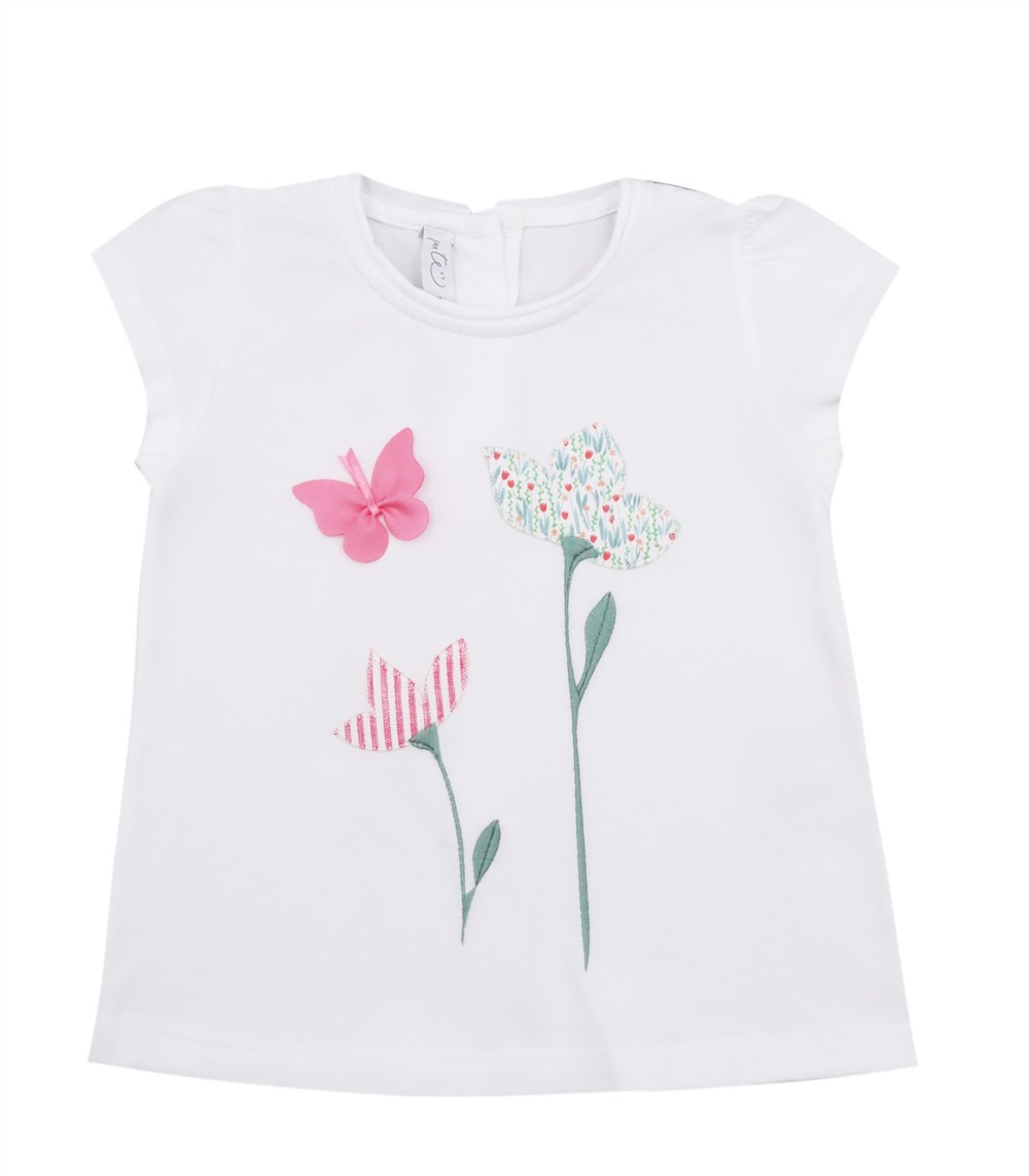Completo bermuda verde menta e tshirt fiori e farfalla ricamata verde e fragola Per te