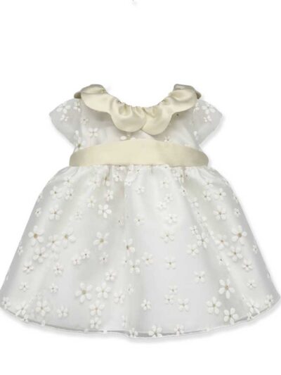 Abito con cintura collo petalo in raso beige e margherite ricamate sul tulle La Stupenderia