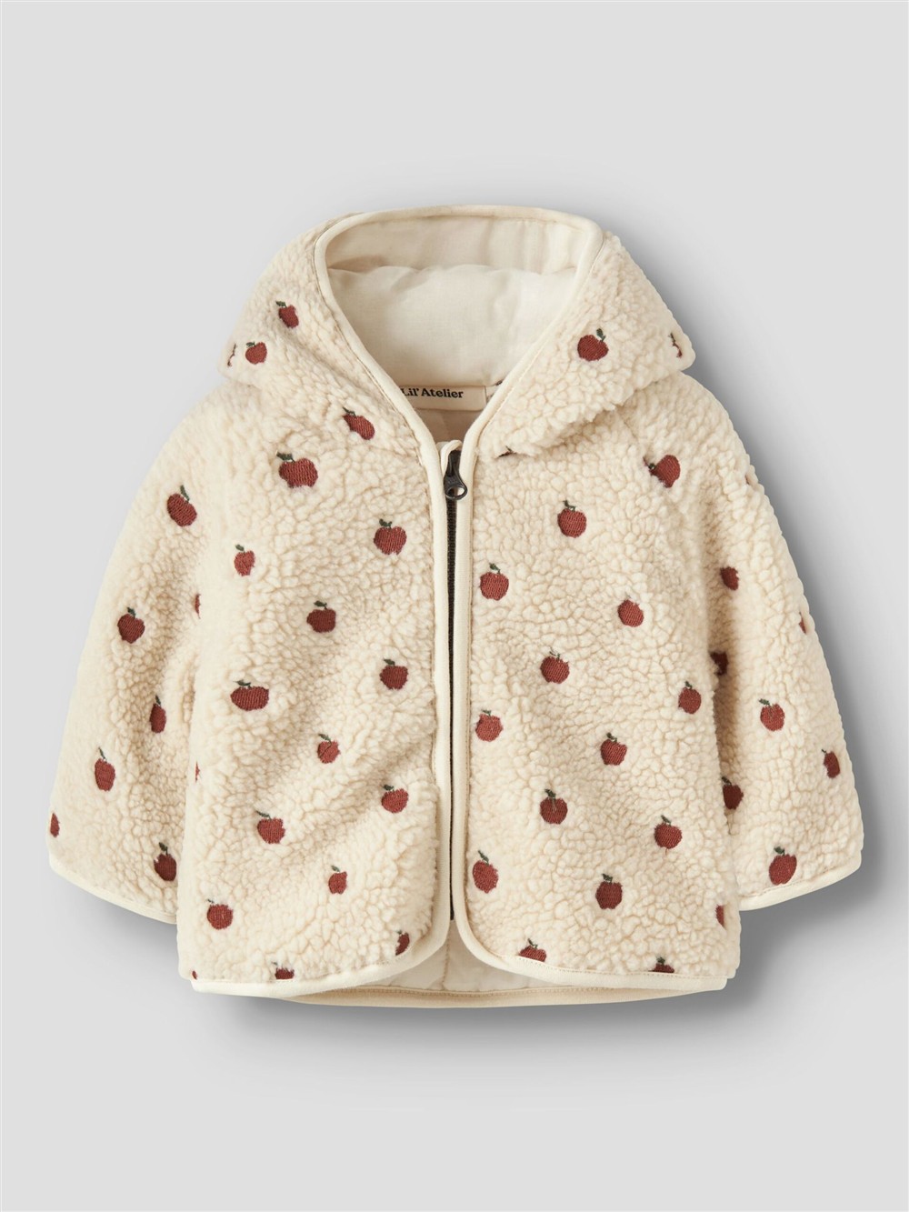 Giubbotto con cappuccio teddy panna con mele ricamate terracotta Lil Atelier