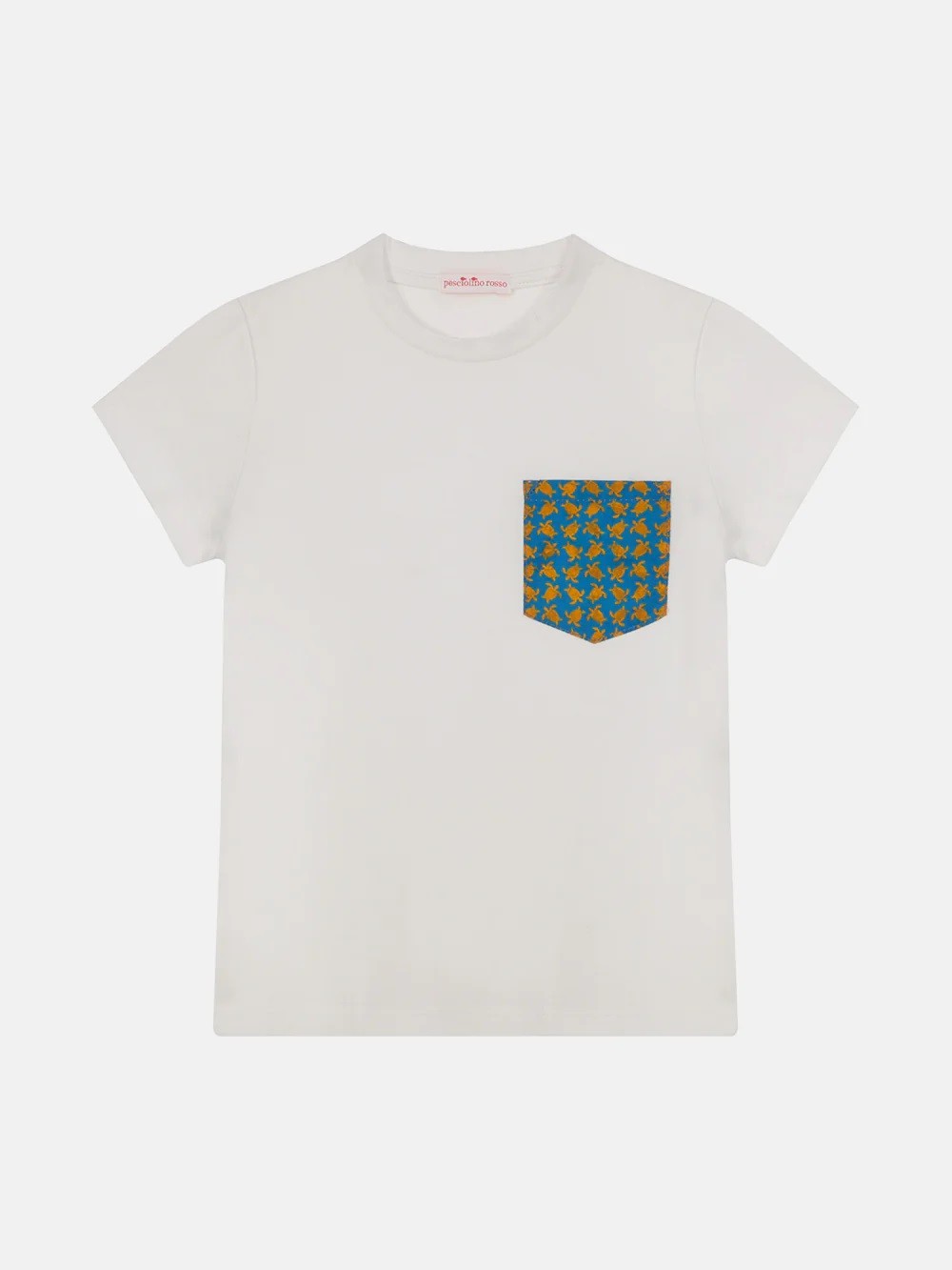 T-shirt bianca con taschino azzurro e tartarughe arancioni Pesciolino Rosso