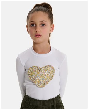 T-shirt a manica lunga bianca con cuore liberty fiori gialli Pesciolino Rosso