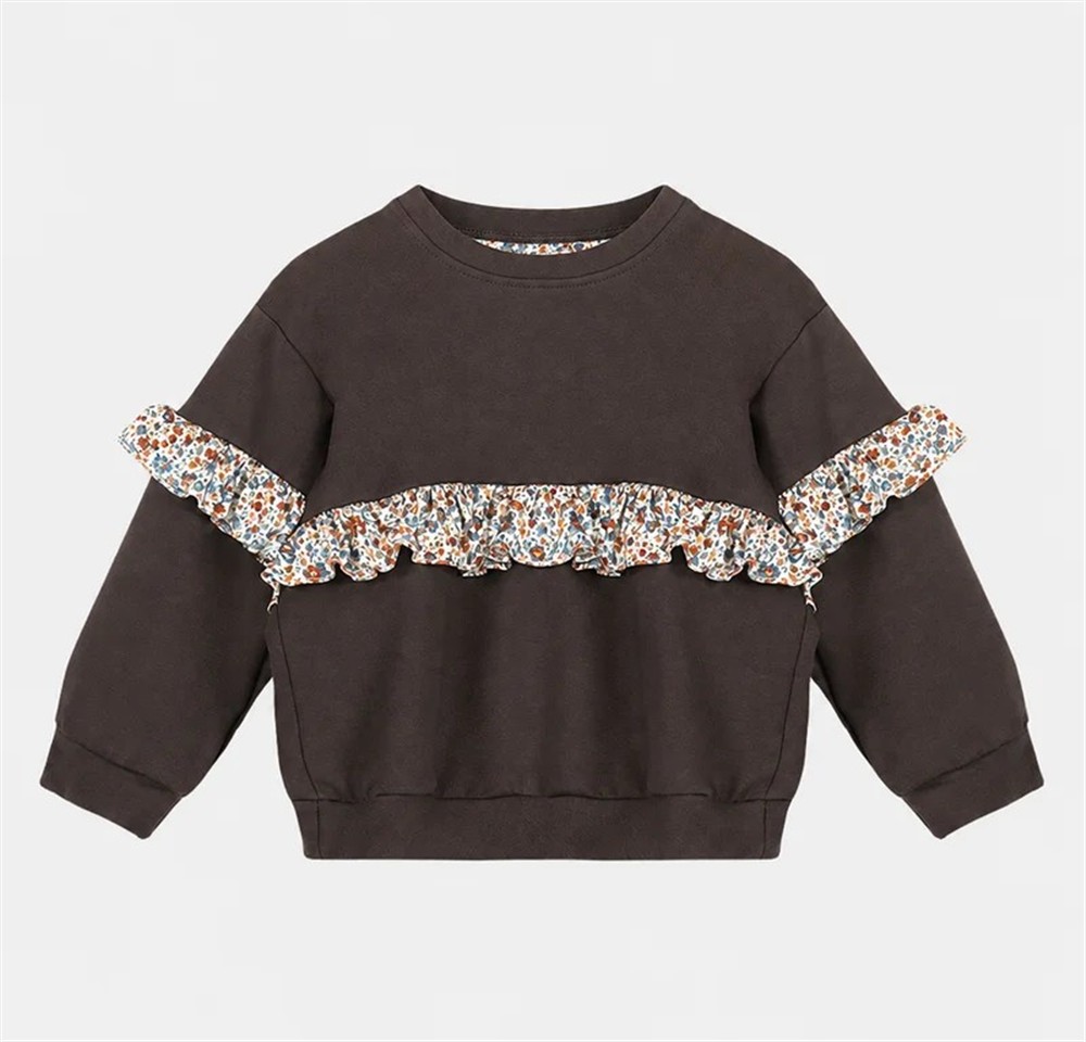 Felpa in caldo cotone marrone con rouches liberty fiori blu e aranzcioni Pesciolino Rosso