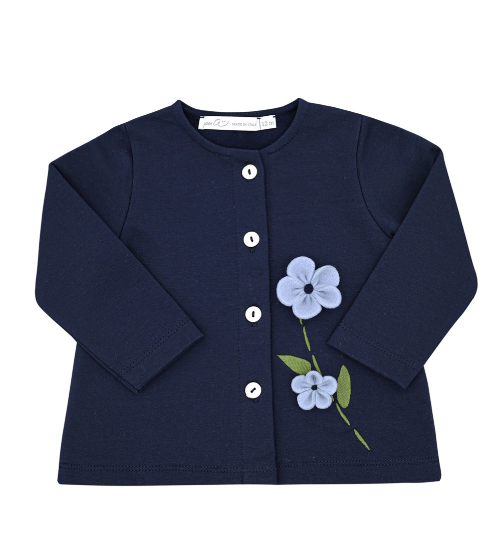 Cardigan in caldo cotone blu con fiori applicati in velcro azzurri Per te
