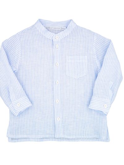 Camicia alla coreana in lino a righe bianco e celeste Per te